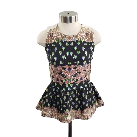 Topshop scuba peplum top black floral- US size 4 - Picture 1 of 10